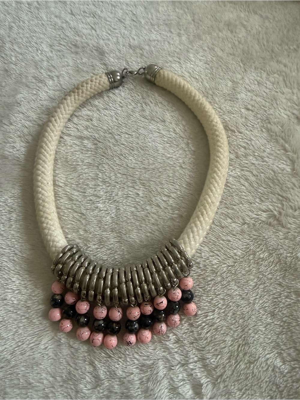 Statement Pink and Black Beaded Rope Necklace